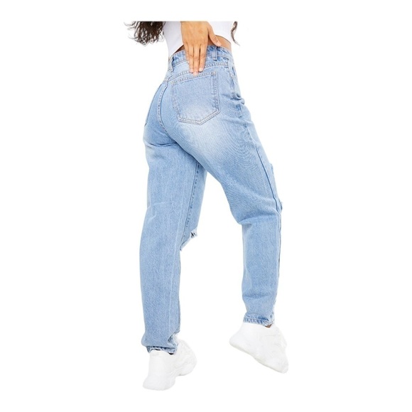 Pretty Little Thing Light Blue Wash Extreme Distressed Hem Knee Rip Mom Jeans 6 - Picture 3 of 13